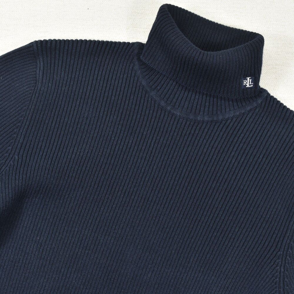 Lauren Ralph Lauren Navy Blue Ribbed Turtleneck Sweater Size XL Monogram Knit